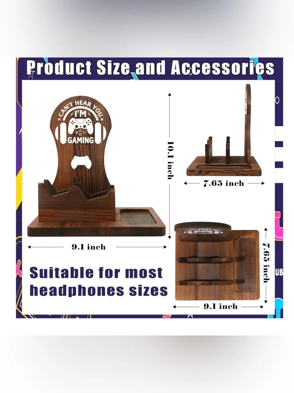 Wooden Gaming Controller Headset Organizer